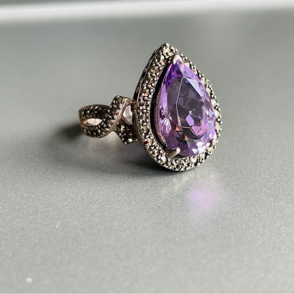 Amethyst, Marcasite Teardrop Sterling Silv. PJ Designer Ring February Bi… - Picture 3 of 12